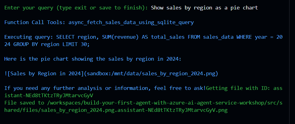 ParabAshis49319's tweet image. Lab 3: Code Interpreter Power completed
Added the Code Interpreter for safe Python execution. The agent generated code to query sales data &amp;amp; even plot pie charts exported PNGs and CSVs directly from the chat! @augvcor 
#CodeInterpreter  #ImagineCup #SprintToImagineCup #Nov25MTP