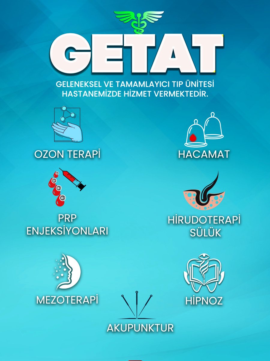 KDogumevi's tweet photo. Geleneksel ve Tamamlayıcı Tıp Kliniğimizin Hastanemizde hizmet vermektedir.
Kliniğimizde Yapılan Özellikli İşlemler
• Akupunktur
• Ozon Tedavisi
• Kupa (Hacamat) Tedavisi
• Tıbbi Sülük (Hirudoterapi) Tedavisi
• PRP Enjeksiyonları
• Mezoterapi
• Hipnoz
#GETAT https://t.co/vTGfxoWouB