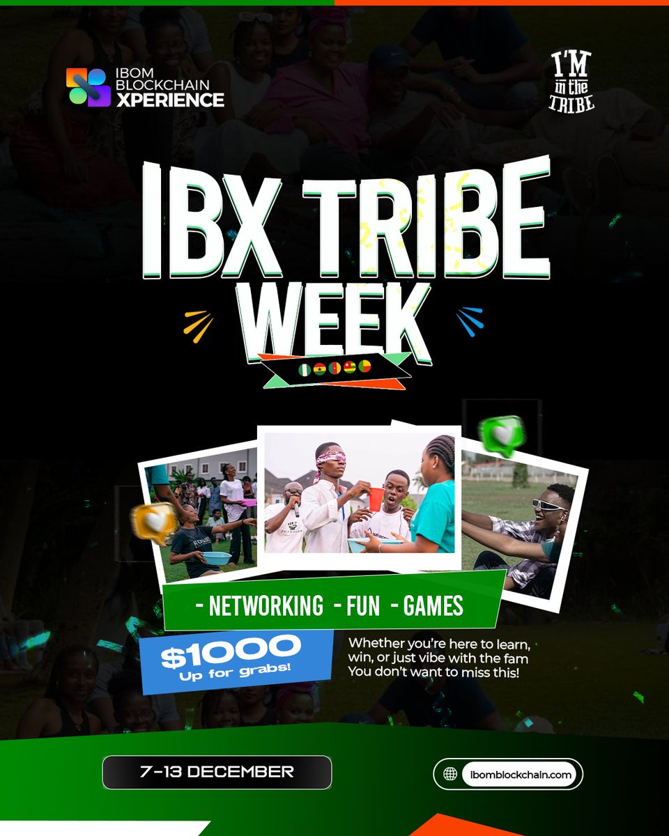 IbomBlockchain's tweet photo. A new wave of energy rises in the IBX community.

There’s a different kind of magic that happens when people who believe in the same vision come together.
The IBX Tribe has always been that spark. The community that shows up early, stays present, supports the mission, and turns every moment into momentum.

IBX Tribe Week is our chance to honor the people behind the heartbeat of this movement.
The dreamers.
The builders.
The learners.
The ones who make IBX feel like family.

This week is for you, a warm blend of games, connections, laughter, teamwork, and a little healthy competition. And yes, $1000 is on the table for those ready to dive in, show up, and have fun with the tribe.

7–13 December.
The energy is already building.

https://t.co/4qhZOX4iMo

#IBX26 #IbomBlockchainXperience #BeatingTheBlocks #Blockchain