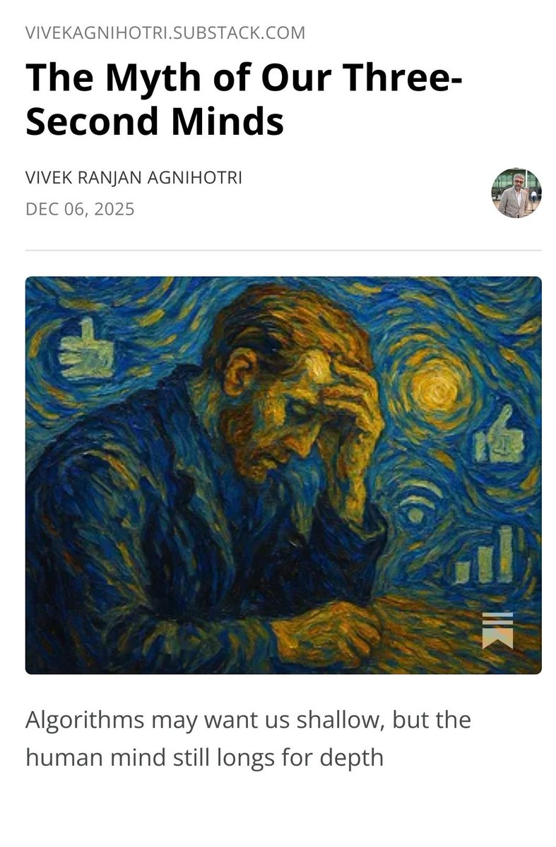 New article: 

They say our attention span is three seconds. But a civilisation that wrote the Mahabharata and built quantum physics cannot become a goldfish overnight. The problem isn’t time. It’s focus.

From the fire-maker to Einstein to Gandhi, history was moved by the