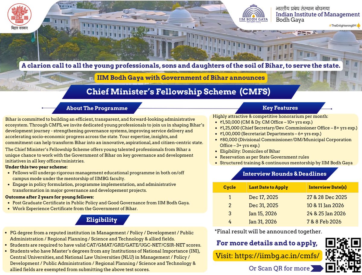 IIM Bodh Gaya with Government of Bihar announces
Chief Minister's Fellowship Scheme (CMFS)
Visit: iimbg.ac.in/cmfs/

<a href="/IIMBodhGaya/">IIM Bodh Gaya</a>
