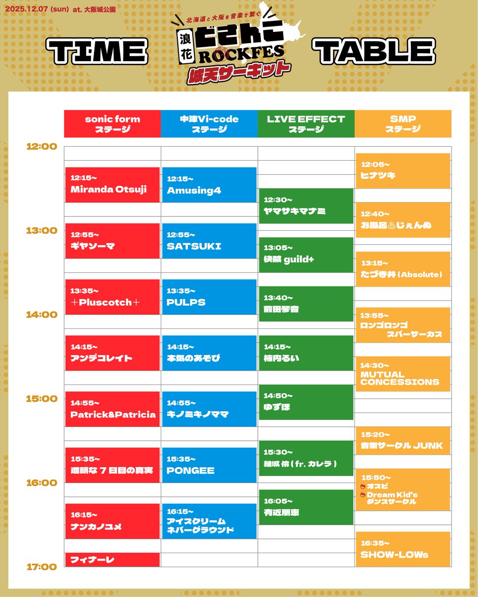 naniwa_dosanko's tweet image. 🔥いよいよ明日開催🔥

『浪花どさんこROCKFES 城天サーキット 』

日時：12月7日（日）
場所：大阪城公園・城天ストリート
入場：無料

4ステージで全30組が出演します。  
城天で音楽が鳴り続ける1日。

明日、大阪城公園でお待ちしています！

#浪花どさんこ城天サーキット