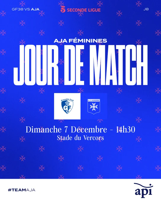 RT by @AJA: 🔵 𝑱𝒐𝒖𝒓 𝒅𝒆 𝒎𝒂𝒕𝒄𝒉 ⚪️ ⚽️ @GF38_Feminines 🆚 #TeamAJA 🏟️ Stade du Vercors 🏆 Seconde Ligue, J8 ⌚️ 14h30 #️⃣ #GF38AJA