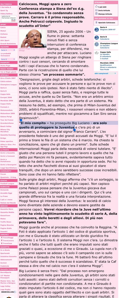 futbolgate_ES's tweet photo. #Archivo Declaraciones de Luciano Moggi en torno al #Calciopoli; entre ellas destaca su insistencia en que no buscaba favorecer a la Juve, sino garantizar la neutralidad y evitar que el club fuera perjudicado, y que nunca se encontraron pruebas concluyentes de compra de árbitros: 
 
“La Juve no necesitaba ayuda, sólo necesitaba no ser perjudicada“

“Ningún partido fue arreglado, ningún árbitro fue condicionado“

“No se ha hecho nada ilícito… no hay pruebas, sólo hipótesis“

“La Juve no tiene nada que perdonarse, porque, sus dirigentes siempre actuaron correctamente“

"No necesitábamos comprar árbitros, teníamos el mejor equipo" 

���Los  éxitos de la Juventus llegaron con nuestras fuerzas y no por ayudas externas“

“Aportamos 6 jugadores al equipo campeón del mundo en 2006 y un total de 11 personas“

"Es una conspiración creada por Galliani“

“¿Con quién estábamos arreglando la liga si no había árbitros culpables?“

“No se arregló ningún partido, no se sobornó ni presionó a ningún árbitro”

“La Juventus siempre había competido sobre el césped“

En 2022 Moggi declaró:

“La Juventus tenía en contra al presidente de la liga, al presidente de la federación y a los designadores, y eso se comprende por las interceptaciones. Yo nunca le pedí a nadie que ganara o perdiera, y hay una interceptación en la que les digo a los designadores: «Solo vale el campo», y nosotros en el campo ganamos los campeonatos”

👉 https://t.co/nDHd7nd0Mu

👉 https://t.co/Nm43BkyZdE

👉 https://t.co/dzXmmfZe1q

👉 https://t.co/xHUmGMPuje

👉 https://t.co/hwi6cV6VgJ

👉 https://t.co/nDHd7nd0Mu