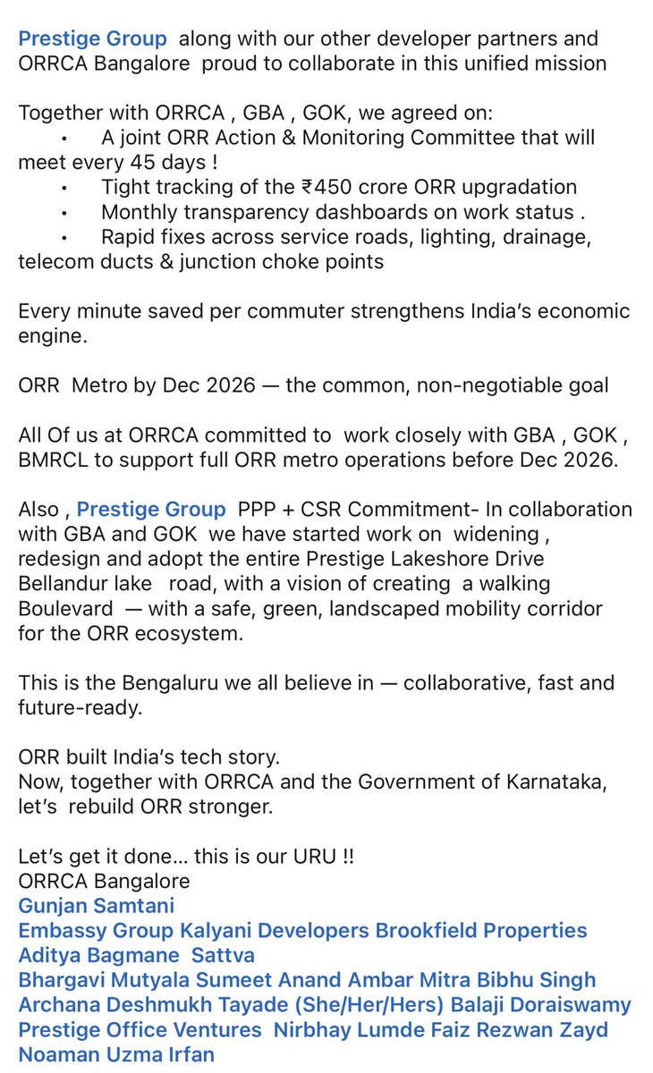 Bangalorereal1's tweet image. CEO of @prestigegroup Mr.@juggymarwaha’s message after the recent meeting with industry leaders, ORR Companies and GOK.

The last line: 
“ORR built India’s tech story.
Now, together with ORRCA and the Government of Karnataka, let’s  rebuild ORR stronger.
Let’s get it done… this…