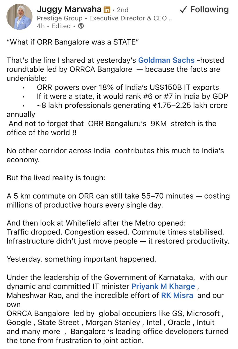 Bangalorereal1's tweet image. CEO of @prestigegroup Mr.@juggymarwaha’s message after the recent meeting with industry leaders, ORR Companies and GOK.

The last line: 
“ORR built India’s tech story.
Now, together with ORRCA and the Government of Karnataka, let’s  rebuild ORR stronger.
Let’s get it done… this…