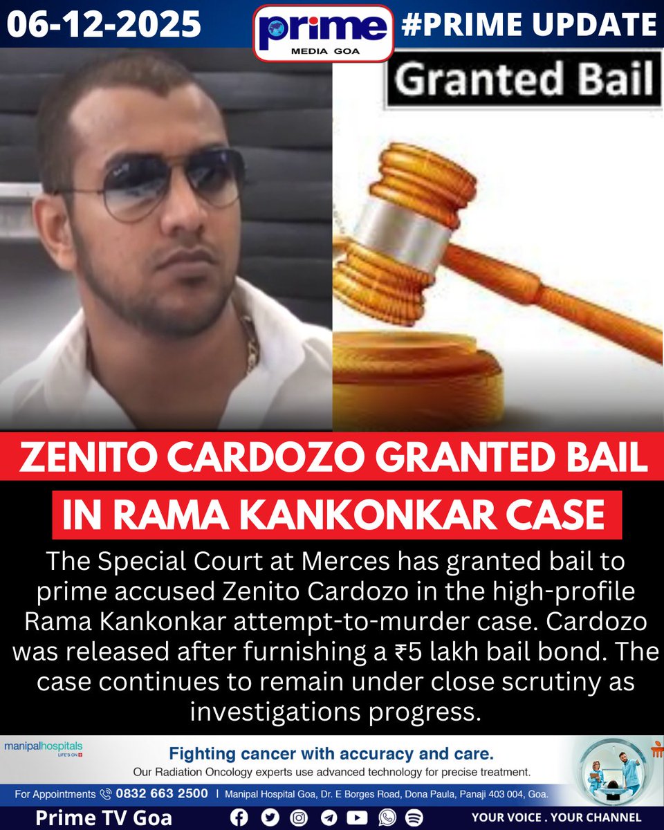 PrimeTVGoa's tweet image. Zenito Cardozo Granted Bail in Rama Kankonkar Case

#ZenitoCardozo #BailGranted #RamaKankonkarCase #GoaNews #LegalUpdate #BreakingNews #CrimeNews #CourtUpdate #HighProfileCase #GoaCrime