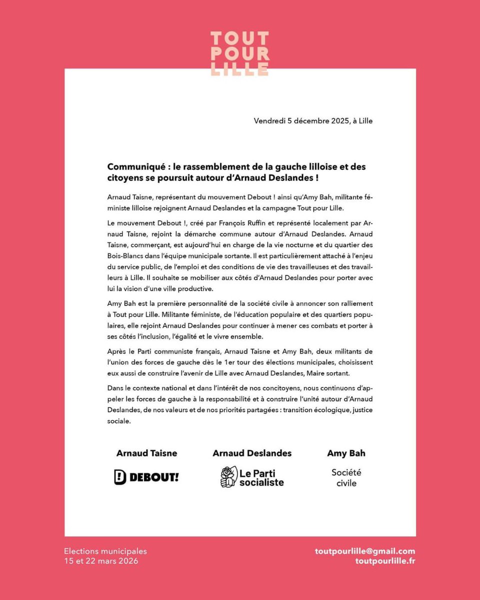 Deuxième étape du rassemblement de la gauche : Arnaud Taisne, représentant du mouvement Debout ! ainsi qu’<a href="/amybah_/">Amy Bah</a>, militante féministe lilloise, rejoignent Arnaud Deslandes et la campagne Tout pour Lille