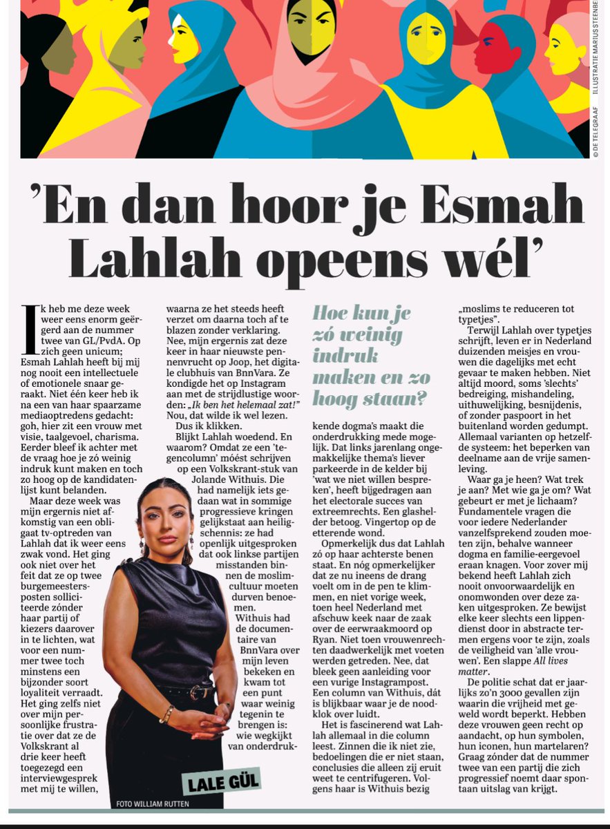 Goed stuk van <a href="/lale_gul89/">Lale Gül</a>

Opmerkelijk dat Esmah Lahlah nu ineens de drang voelt om in de pen te klimmen, en niet vorige week, toen heel Nederland met afschuw keek naar de zaak over de eerwraakmoord op Ryan 🎯