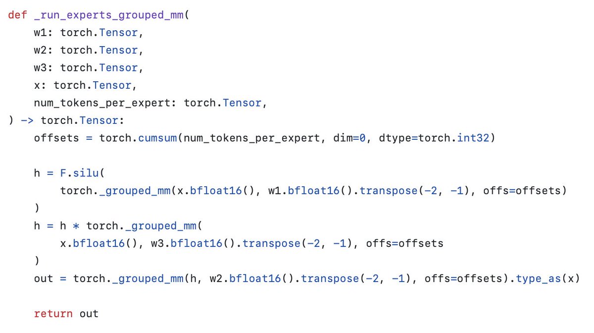 Code from torchtitan implementing Mixture-of-Expert MLP with vanilla for-loop v.s. grouped GEMM.

It is a nice way to learn why you need grouped GEMM for high performance MoE, thank the devs for leaving a naive version!

github.com/pytorch/torcht…