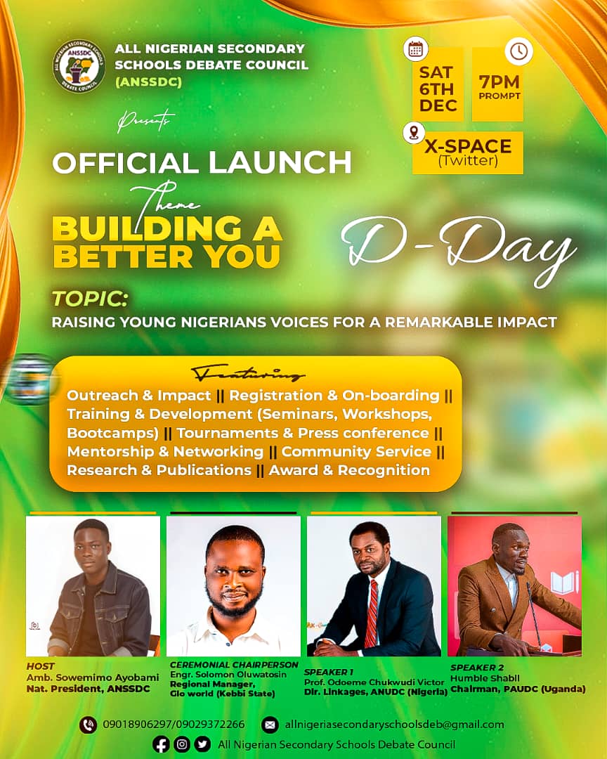 anssdc's tweet photo. 🚨 D-DAY IS HERE!🎙️  
The ANSSDC Official Launch goes LIVE today!  
Join us as we build bold voices for a better Nigeria.  
https://t.co/KgnBp56KSJ

🗓️ Dec 6 | 🕖 7PM WAT | 📍 X-Space

#ANSSDCLaunch #BuildingABetterYou #DebateForChange #YouthVoices https://t.co/CF6IPVBEd6
