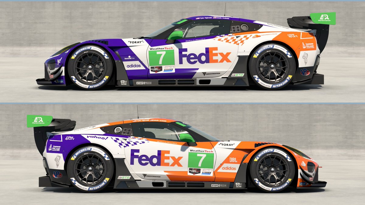 aise_659c's tweet photo. ｢アメ車でFedExのレースカーを作りたい!!｣がついに実現。
異彩を放つ紫と橙のカラーアシンメトリーにFedExのアイコンである隠れ矢印をデザインに盛り込み、コルベットのアイデンティティでもあるチェッカー模様をプラス。
｢FedExらしさ｣と｢コルベットらしさ｣が共存するリバリーに仕上げました。 https://t.co/BGLIztw8ig
