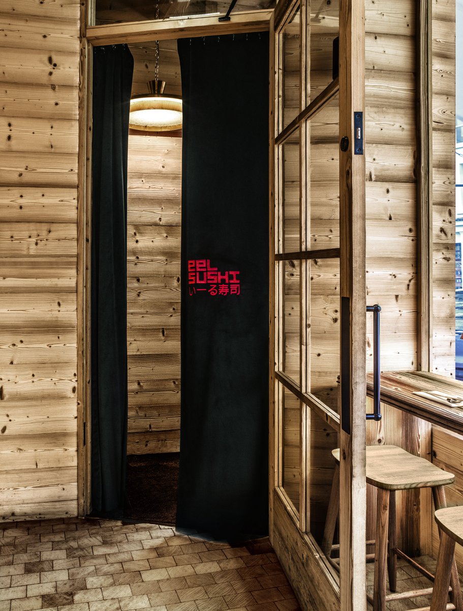 kellyhoppen's tweet photo. So excited to share our newest project with you. This intimate sushi bar in London is wrapped in sandblasted pine, raw copper and glazed tiles, with bespoke lighting that lifts every texture and detail. 
#sushi #japanese #bespoke https://t.co/EbUP0xABw5
