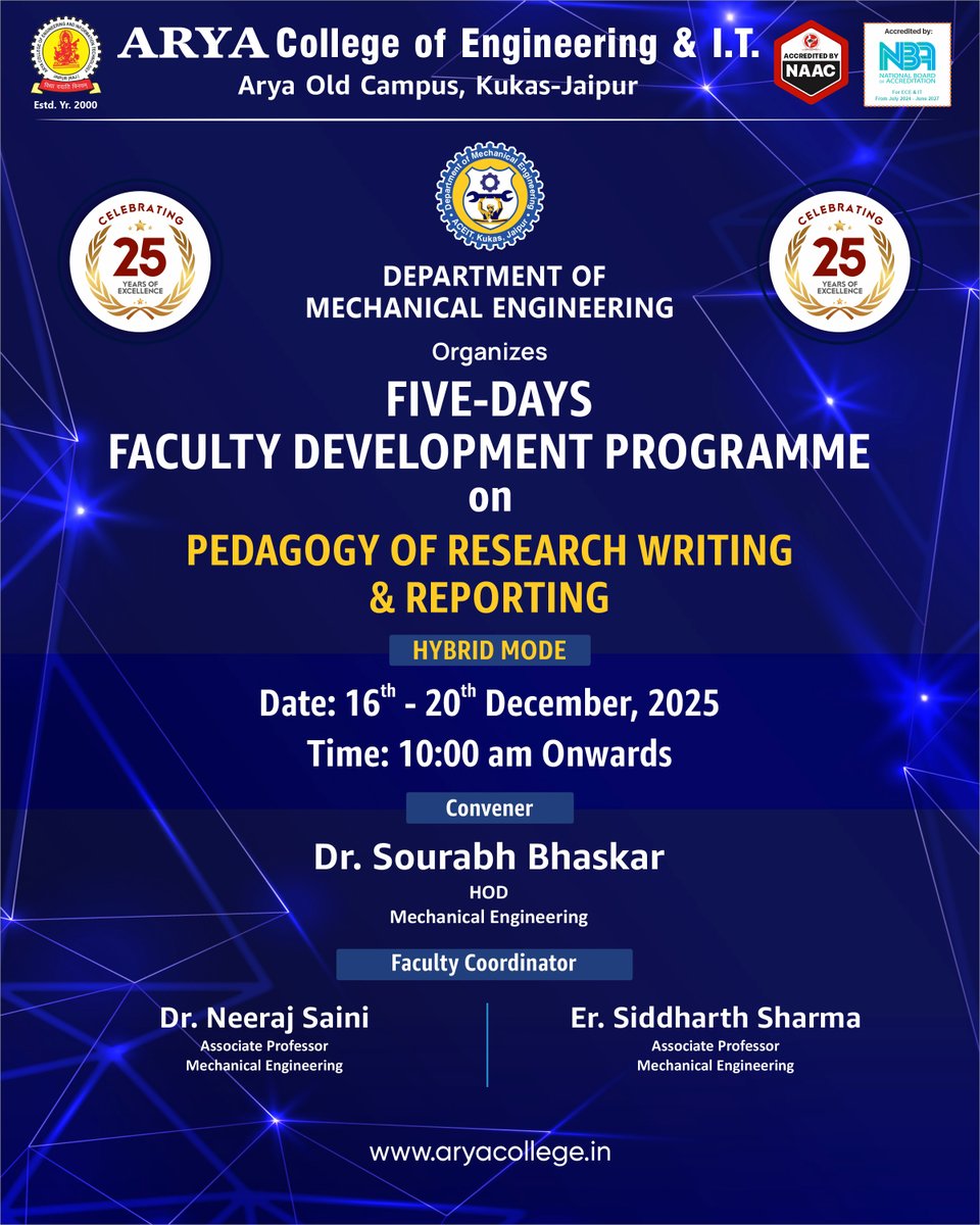 aryacolleges's tweet photo. #AryaCollege, Jaipur, is organizing 5 Days #FacultyDevelopmentProgramme on “Pedagogy of Research Writing & Reporting”. The programme aims to strengthen research writing and academic reporting skills among faculty members, contributing to quality research and academic excellence. https://t.co/60zK6wUprU