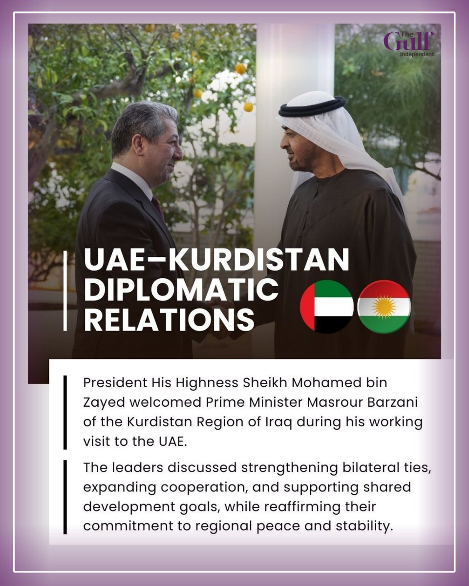 IndependentGulf's tweet image. UAE President His Highness Sheikh @MohamedBinZayed Al Nahyan warmly received His Excellency @masrour , Prime Minister of the Kurdistan Region of Iraq, upon his arrival at Abu Dhabi's Presidential Airport.
.
.
#UAEXKurdistan #MiddleEastDialogue #UAE54 #NationalDayGreetings