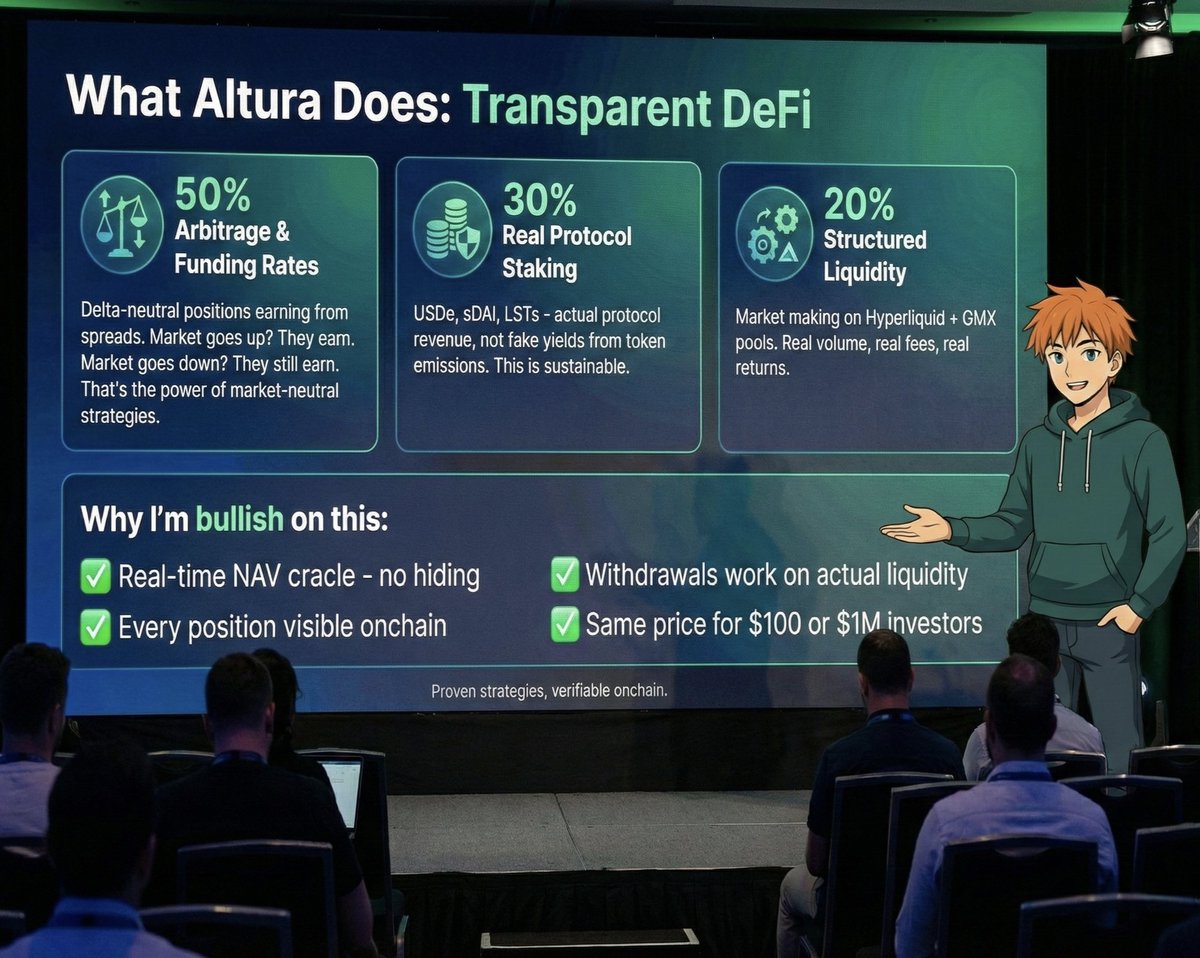 habibhasan2228's tweet photo. Finally seeing what transparent DeFi looks like. 
Been checking out @alturax and their approach is exactly what we needed after all the recent collapses.

Here's what makes them different:

They run 3 proven strategies - everything verifiable onchain:

🔹 50% Arbitrage & Funding Rates
Delta-neutral positions earning from spreads. Market goes up? They earn. Market goes down? They still earn. That's the power of market-neutral strategies.

🔹 30% Real Protocol Staking
USDe, sDAI, LSTs - actual protocol revenue, not fake yields from token emissions. This is sustainable.

🔹 20% Structured Liquidity
Market making on Hyperliquid + GMX pools. Real volume, real fees, real returns.

Why I'm bullish on this:
✅ Real-time NAV oracle - no hiding
✅ Every position visible onchain
✅ Withdrawals work on actual liquidity

@cookiedotfun