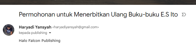 E.S Ito itu nggak ada sosmednya jd susah dikontak. Akhirnya kepikiran nge-email <a href="/penerbitfalcon/">Falcon Publishing</a> u/ ngomporin mereka nerbitin ulang Rahasia Meede &amp; Negara Kelima mumpung Komsi Komsa (novel terakhir E.S Ito) diterbitkan di Falcon. Semoga ada respon, ya! wish me luck.