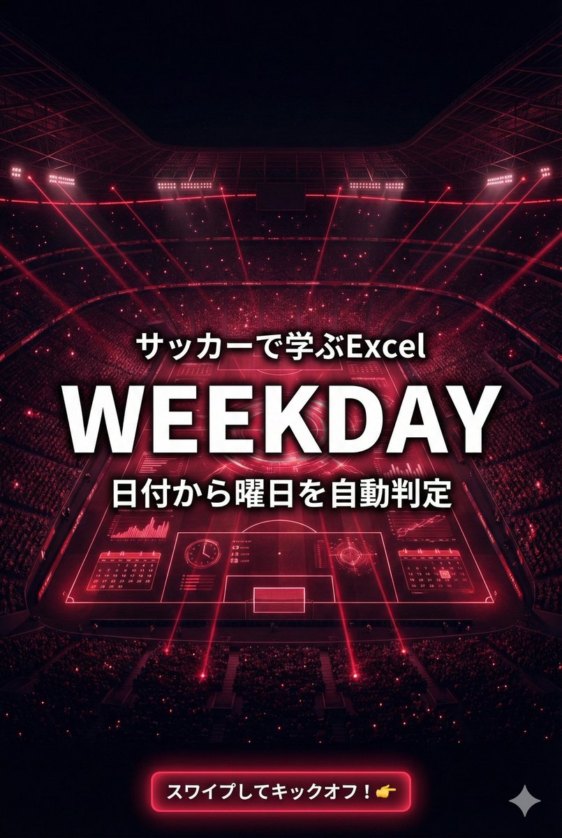 ExcelFC_jp's tweet photo. カレンダーを見ながら
「今日は何曜日？」って確認する手間、
もう終わりにしない？📅

Excelの「WEEKDAY関数」なら
日付から曜日を数値化して、土日だけ色を変えるのも一瞬！🚢⚓️
スケジュール管理の司令塔になろう。

スワイプしてチェック👇
#Excel #業務効率化 #時短 #WEEKDAY #時短　#関数 https://t.co/DaCJVHIVg3