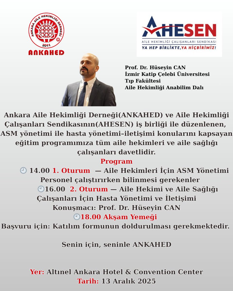 Ankara Aile Hekimliği Derneği ve Aile Hekimliği Çalışanları Sendikasının iş birliğiyle düzenlenen, ASM yönetimi ile hasta yönetimi–iletişimi konularını kapsayan eğitim programımıza tüm aile hekimleri ve aile sağlığı çalışanları davetlidir.

📌 Program Akışı – 13 Aralık 2025

🕘