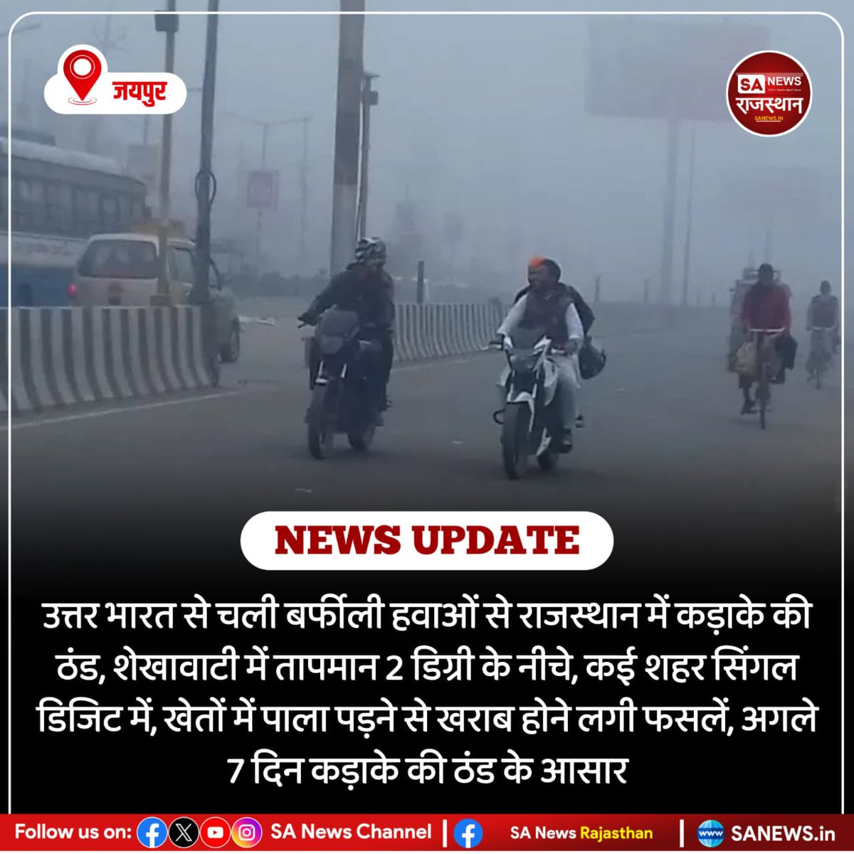 News-जयपुर उत्तर भारत से चली बर्फीली हवाओं से राजस्थान में कड़ाके की ठंड, शेखावाटी में तापमान 2 डिग्री के नीचे, कई शहर सिंगल डिजिट में, खेतों में पाला पड़ने से खराब होने लगी फसलें, अगले 7 दिन कड़ाके की ठंड के आसार
 #ColdWave #WeatherAlert