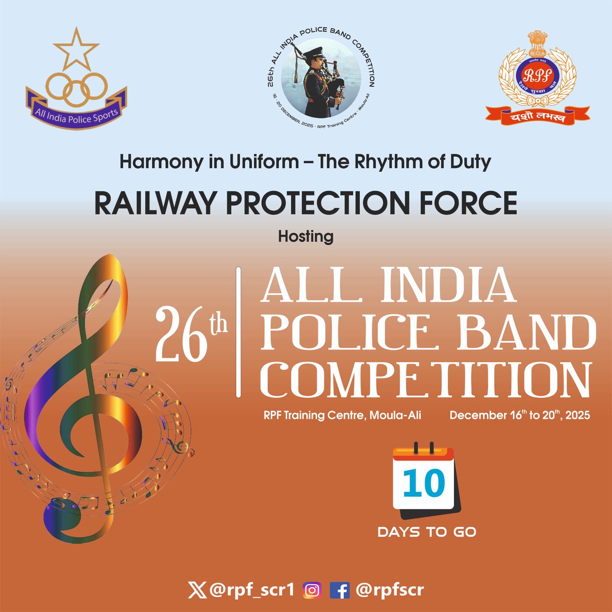 rpf_scr1's tweet photo. Welcome all — experience the power of police bands live!
#RPF is proud to host the 26th All India Police Band Competition — a salute to discipline, harmony and service.
#AIPBC2025 #AllIndiaPoliceBand

@RPF_INDIA @RailMinIndia @SCRailwayIndia https://t.co/jdlleJP2Cr