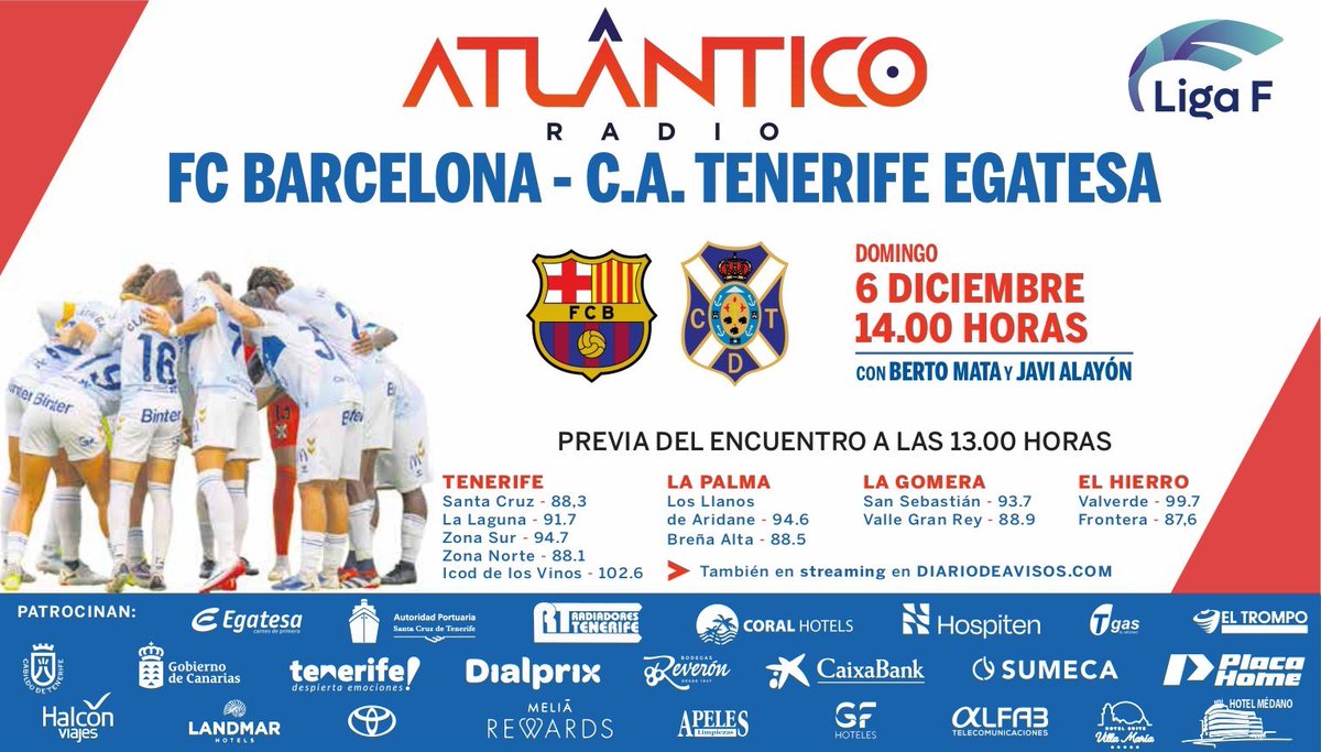 🚨¡MATCH DAY!🚨

⚽️ <a href="/FCBfemeni/">FC Barcelona Femení</a> - <a href="/CDTFemenino/">Costa Adeje Tenerife</a> 

🏟️ Johan Cruyff
⏰ 14.00h (13:00 en directo)
🗓️ Jornada 13, <a href="/LigaF_oficial/">Liga F</a>

🎙️ <a href="/mata_berto/">Berto Mata</a>
🎤 <a href="/JaviAlayon90/">Javi Alayón</a> 

📻 <a href="/atlantico_radio/">Atlántico Radio</a>
📲 APP y TDT
💻 diariodeavisos.com 
📩 651 37 37 37