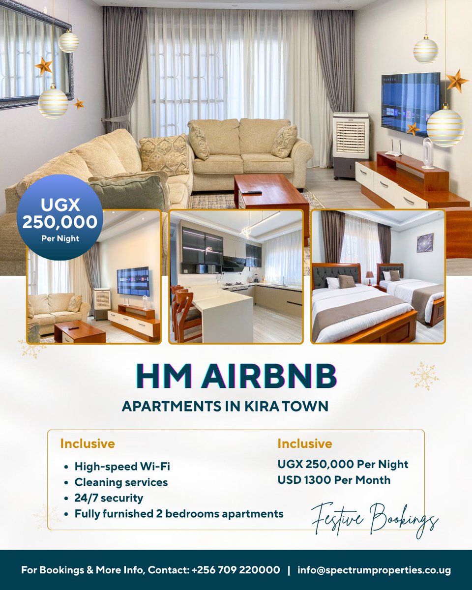 HM Airbnb Apartments - Kira Town
Modern 2 Bedrooms | Fully Furnished &amp; Luxurious

☎️ For Bookings
Call/WhatsApp: 0709220000