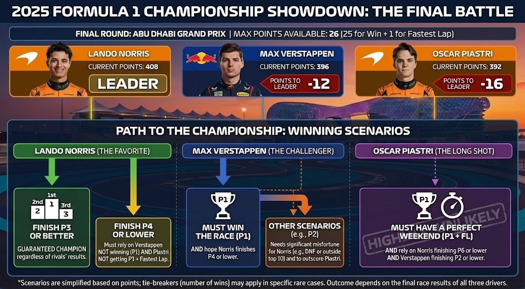 alecannas's tweet photo. 🍌 🏎️ Nano Banana Pro infographics are next level. I asked Gemini to create an infographic about who can win the  2025 F1 World Championship this Sunday and this is the result! Pretty cool!

#Formula1 #NanoBananaPro  #Gemini3 @GeminiApp #nanobanana  @McLarenF1 @McLarenShadow https://t.co/JMY0HarD1x