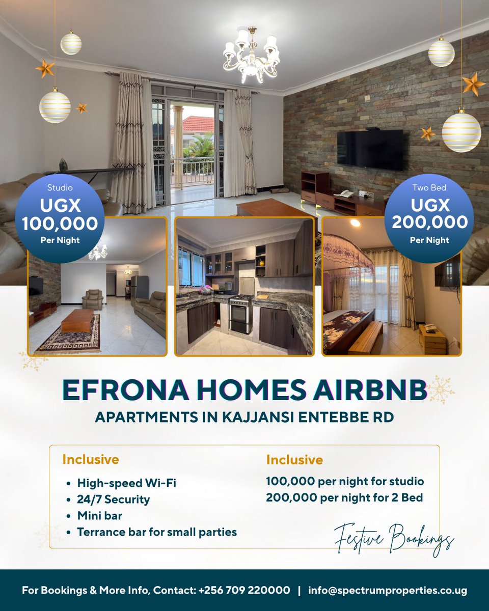 EFRONA Homes Airbnb Apartment - Kajjansi
Modern Studio &amp; 2 Bedrooms | Fully Furnished &amp; Luxurious

☎️ For Bookings
Call/WhatsApp: 0709220000