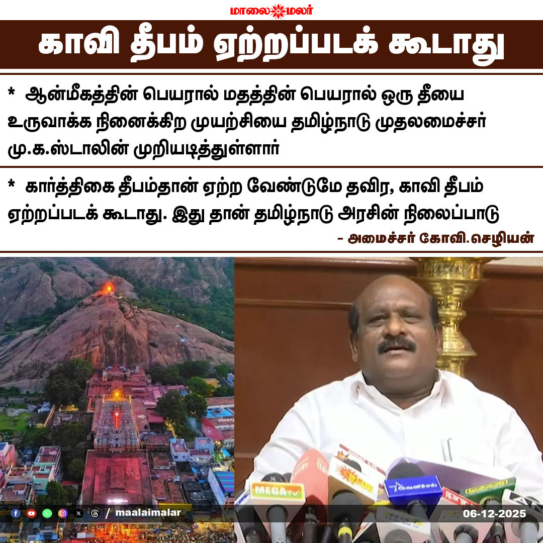 maalaimalar's tweet photo. காவி தீபம் ஏற்றப்படக் கூடாது

#KaviDeepam #MKStalin #TamilNaduGovernment #ReligiousPolicy #KarthigaiDeepam #CulturalPreservation #TamilNaduNews #MinisterKoviSezhiyan #ReligiousGuidelines #Maalaimalar #MaalaimalarNews https://t.co/XIs4X23Lbb