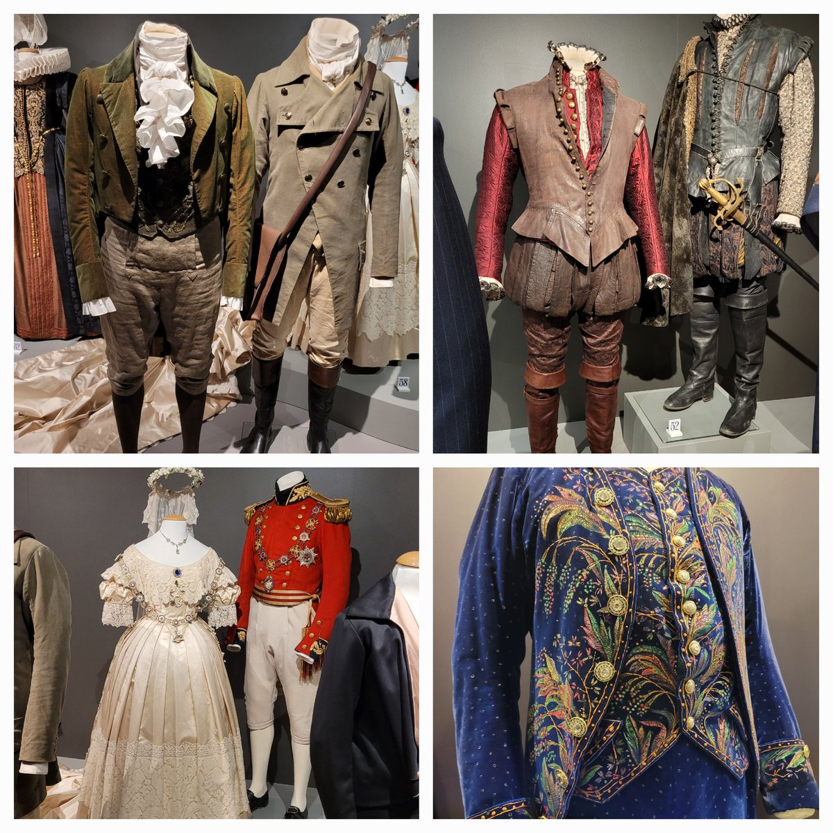 BrigitteUhrmann's tweet image. Eye to eye with Mr Darcy, George IV, Jane Eyre, Colonel Brandon, the Granthams in half circle, Poirot on the trail at #Cosprop exhibition. The garments paired with iconic tunes tell the tales even before the cameras start rolling. Stunning craftsmenship. #FashionAndTextileMuseum