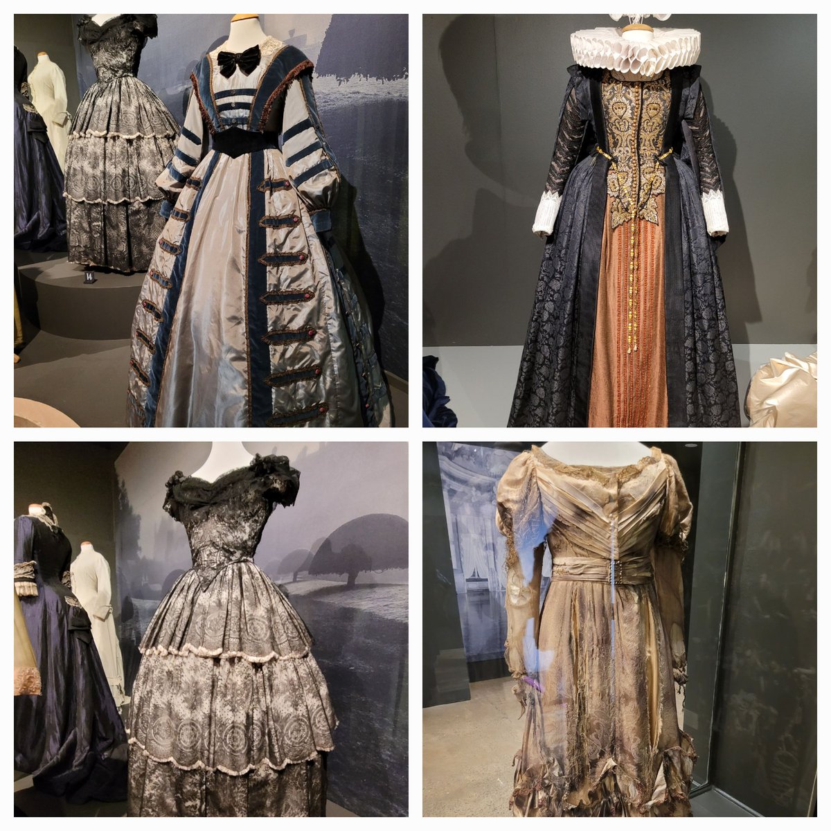 BrigitteUhrmann's tweet image. Eye to eye with Mr Darcy, George IV, Jane Eyre, Colonel Brandon, the Granthams in half circle, Poirot on the trail at #Cosprop exhibition. The garments paired with iconic tunes tell the tales even before the cameras start rolling. Stunning craftsmenship. #FashionAndTextileMuseum