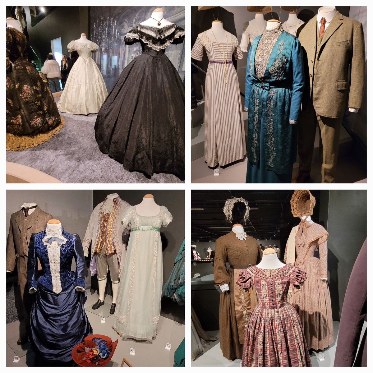 BrigitteUhrmann's tweet image. Eye to eye with Mr Darcy, George IV, Jane Eyre, Colonel Brandon, the Granthams in half circle, Poirot on the trail at #Cosprop exhibition. The garments paired with iconic tunes tell the tales even before the cameras start rolling. Stunning craftsmenship. #FashionAndTextileMuseum