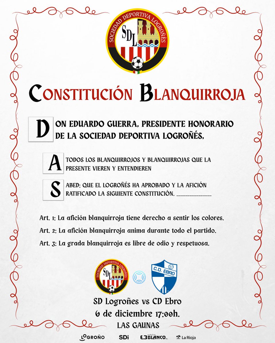 DÍA DE PARTIDO |🇦🇹

𝕮𝖔𝖓𝖘𝖙𝖎𝖙𝖚𝖈𝖎𝖔́𝖓 𝖇𝖑𝖆𝖓𝖖𝖚𝖎𝖗𝖗𝖔𝖏𝖆 🖋️

🆚 @cdebro_oficial 
📅 Sábado, 6
🏟️ Las Gaunas
🕔 17:00h
🏆 Liga, jornada 14
🎫 sdlogrones.compralaentrada.com/eventos/18313/…
📺 <a href="/FootballClub/">FootballClub</a> 

#LogroñésEbro | #AmorSinRed