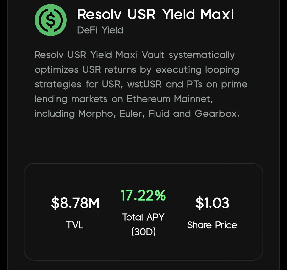 Surprised to see such yield via <a href="/ResolvLabs/">Resolv Labs</a> 

Curator: <a href="/M1Capital_/">M1 Capital</a>  on <a href="/upshift_fi/">Upshift</a>