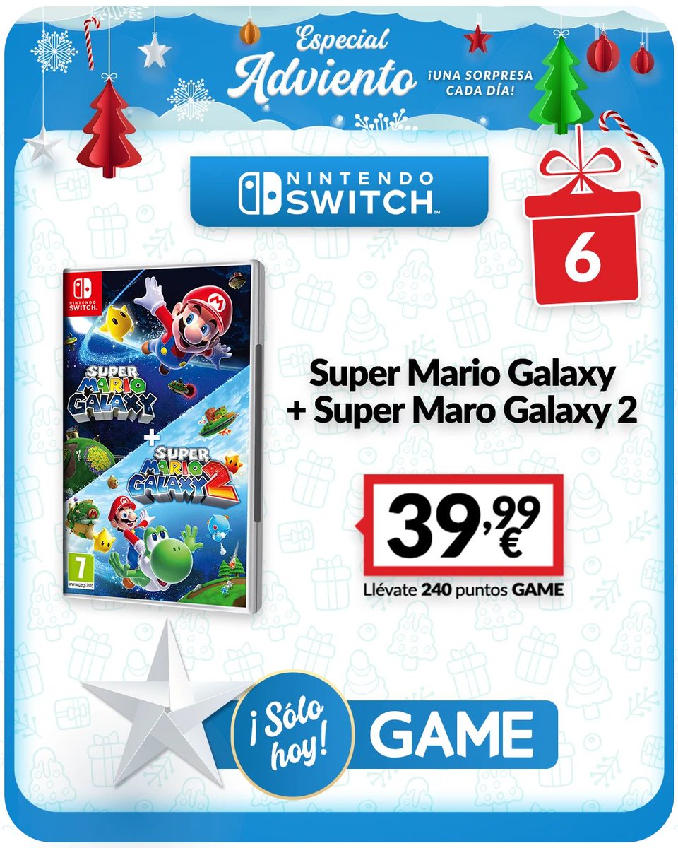 🪐 ¡La sorpresa de nuestro Especial de Adviento de hoy te va a llevar a otra GALAXIA!

🎁 Revive dos de las mejores aventuras de Mario en Super Mario Galaxy + Super Mario Galaxy 2 para Nintendo Switch, ¡solo por 39,99€!

⏱ Solo HOY.

ow.ly/WHg950XCJQ2
