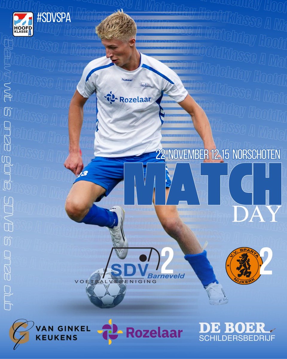 MATCHDAY!
⚽️ <a href="/SDVBarneveld/">SDVBarneveld</a> - <a href="/spartanijkerk/">Sparta Nijkerk 🧡🖤</a> 
🗓 6 december 2025
🏆 Reserve Hoofdklasse
🎬 ronde 11
🕒 12.15 uur 
🏟 sportpark Norschoten 
📍Barneveld
💪🏼🚪🫱🏼‍🫲🏻🐔
Tot straks 💙🤍⚽️
