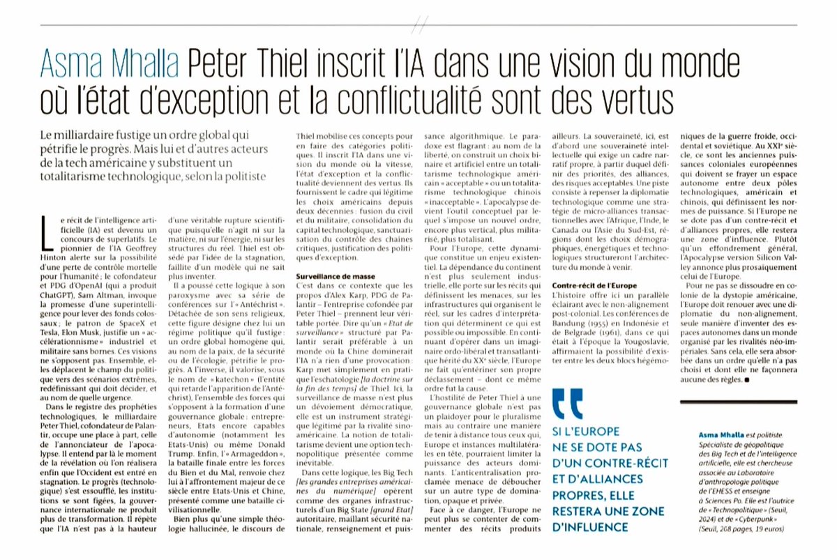 AsmaMhalla's tweet photo. 𝗟’𝗔𝗽𝗼𝗰𝗮𝗹𝘆𝗽𝘀𝗲 𝘀𝗲𝗹𝗼𝗻 𝗣𝗲𝘁𝗲𝗿 𝗧𝗵𝗶𝗲𝗹
Comment une vision eschatologique, entre millénarisme technologique et géopolitique, devient-elle grammaire du pouvoir ?
Pour @lemonde je reviens sur le sous-texte politique, moteur d'un nouvel état d’exception 🇺🇸 face à 🇨🇳 https://t.co/77nXrwhV2h