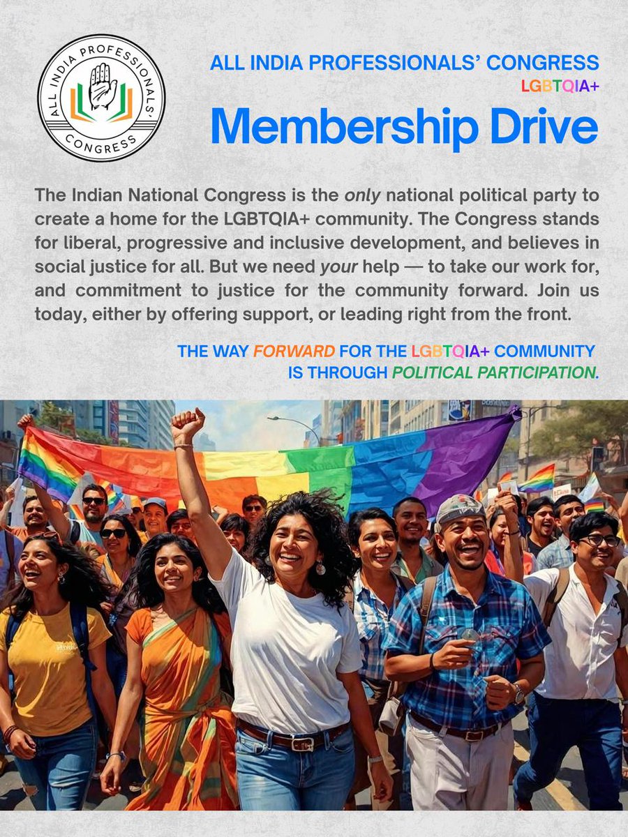 THE WAY FORWARD FOR THE LGBTQIA+ COMMUNITY IS THROUGH POLITICAL PARTICIPATION.

Join us today:
join.profcongress.in/784DA77D

PRIYANK ASHA SUKANAND
Karnataka State Head 
All India Professionals’ Congress: LGBTQIA+ Vertical.