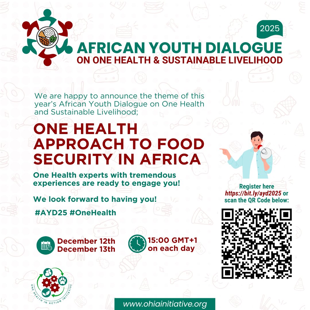 OHinAction's tweet photo. Africa faces a food security crisis, but young people hold the solution. Join us for the 3rd African Youth Dialogue as we tackle "One Health Approach to Food Security in Africa".
🗓 Dec 12-13, 2025
🕒 15:00 GMT+1
Be part of the solution. 👇
https://t.co/7iewf3jn19
#OneHealth https://t.co/ODMXSSKpcr