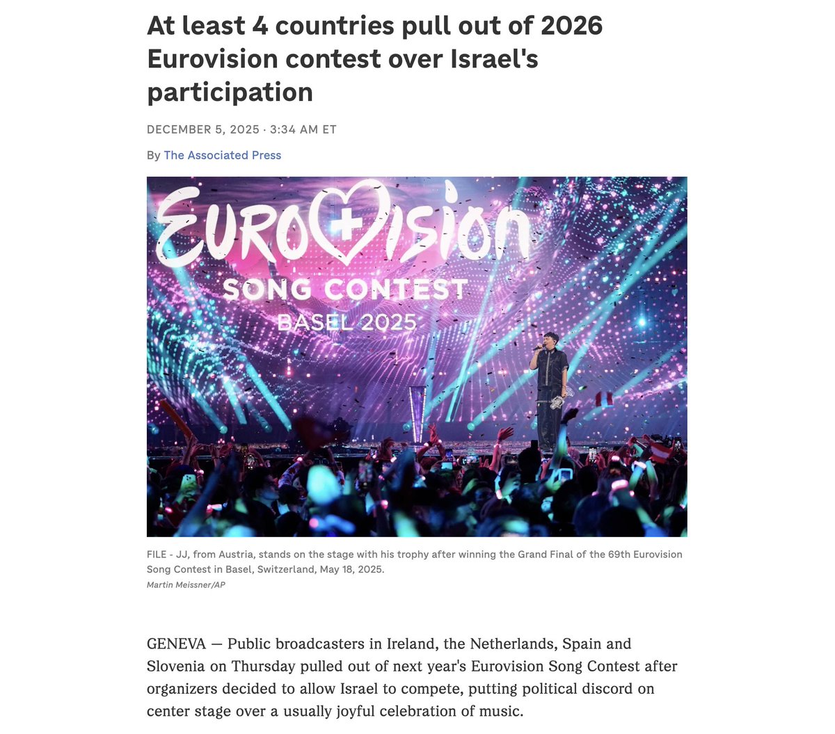 Is #Eurovision doomed? At least 4 countries pull out of 2026 Eurovision contest over Israel's participation. 🤔