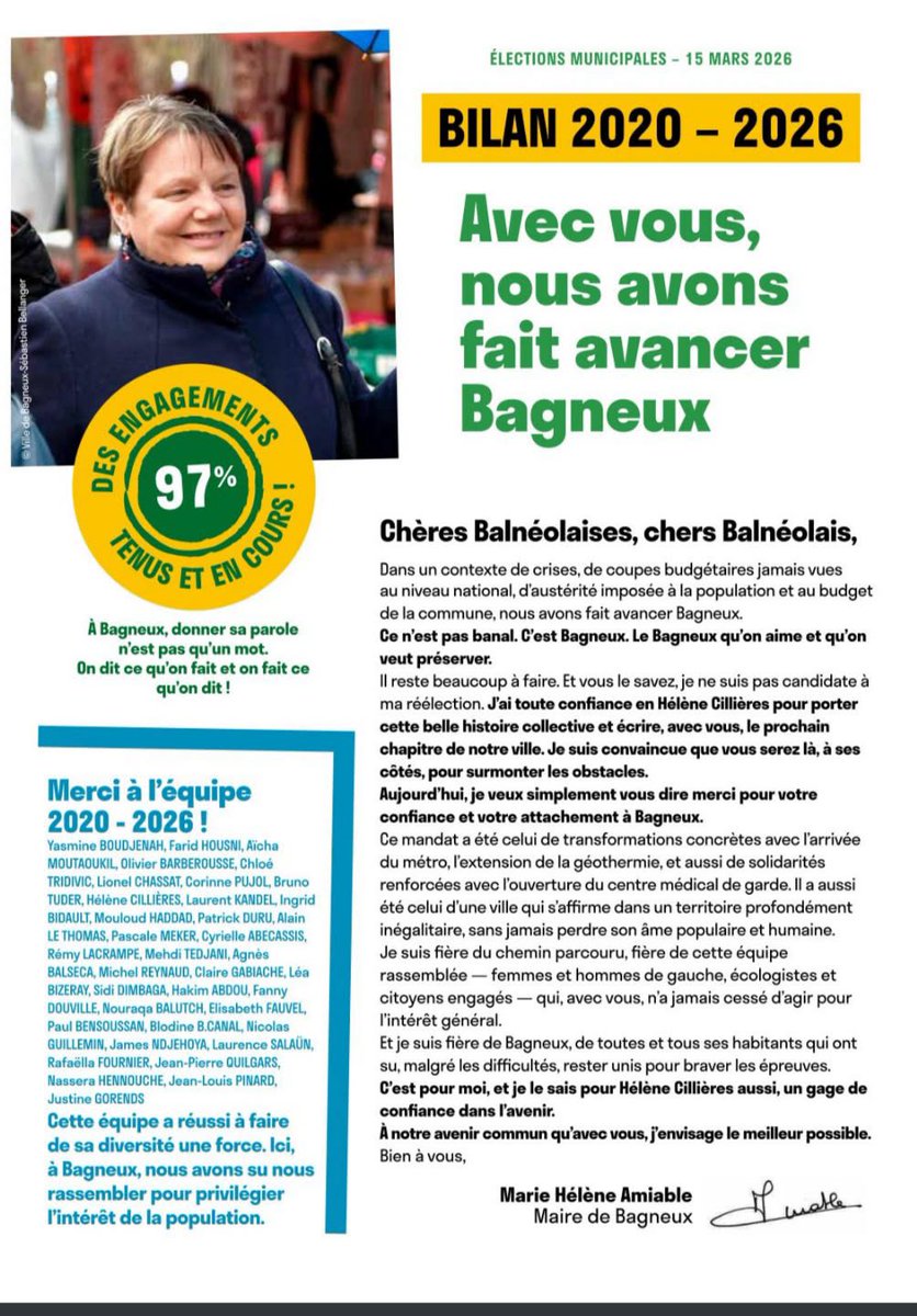 MHAmiable's tweet photo. Le bilan de notre mandat 2020-2026 est arrivé! 
Un très grand merci à vous toutes et tous. Nous avons fait avancer Bagneux et je sais qu’il reste à faire. 
Avec Hélène et sa future équipe, j'ai confiance. 
@cillieres2026 
https://t.co/qBlYRzgAeL https://t.co/r3N1NI889q