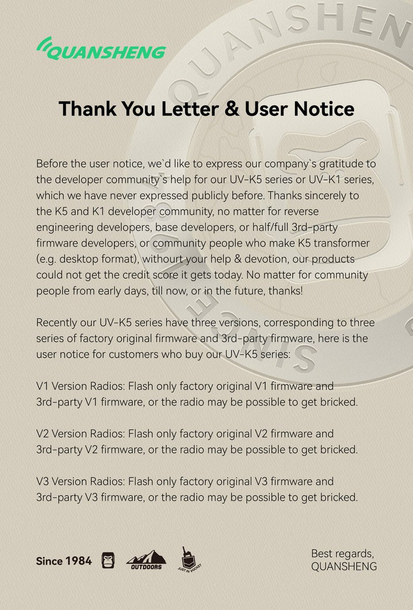 HamImports's tweet photo. This is rather sweet. Quansheng have released a statement thanking everyone involved with making the UV-K5 so popular.

It's great that they are embracing the community, rather than trying to lock down their firmware.

Bravo! https://t.co/3xkvnYxsjL