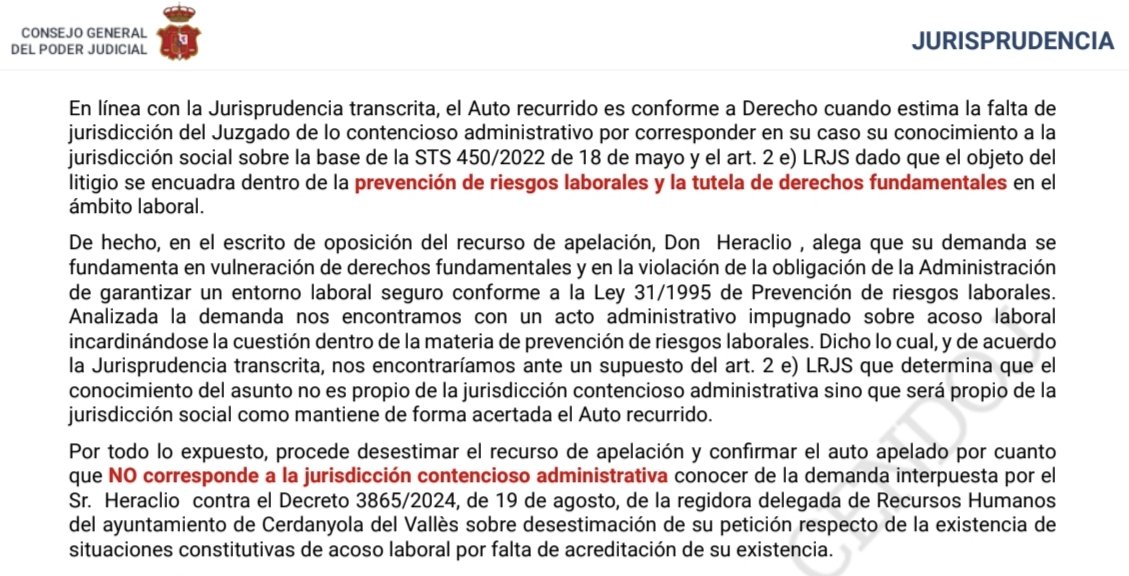 📌 STSJ CAT 6290/2025, 12.11
❌ #Ayuntamiento
✅ Prevención de riesgos laborales y la tutela de derechos fundamentales en el ámbito laboral.
 🚨NO corresponde a la jurisdicción contencioso administrativa 🚨
👩🏼‍⚖️ Rosa M. Fernández Cabezudo poderjudicial.es/search/AN/open…