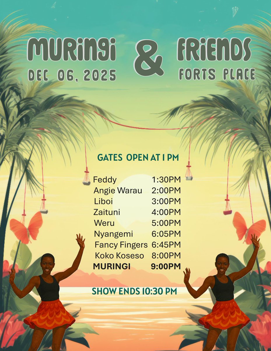 • #Nairobi #LiveMusic •

MŨRINGĨ &amp; FRIENDS 🎶🔥  
A full-day takeover of music, vibes &amp; madness at Forts Place!

🗓️ Dec 6 | 🕑 From 2PM  
📍 Forts Place – Ndumbo-Ini, Kanyariri Rd (maps.app.goo.gl/Np9U8bkSWFtdDb…)
🎟️ 1,500 → mookh.com/event/muringi-…  
📲 0704 628 477 

#SherehePlug