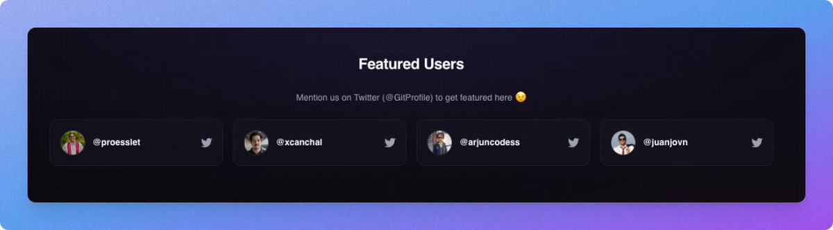 GitProfile's tweet photo. Featured profiles ✨ 

Tag us to get featured on the Git-Wrapped landing page https://t.co/UtScfYX1AY