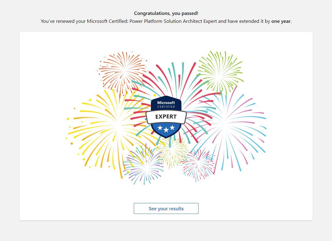 michelcarlo's tweet image. This one is never easy, but I passed on 1st attempt!😍 

Renewed my Power Platform Solutions Architect Expert Certification💪🥳 
#MVPBuzz #PowerPlatform #AlwaysLearning