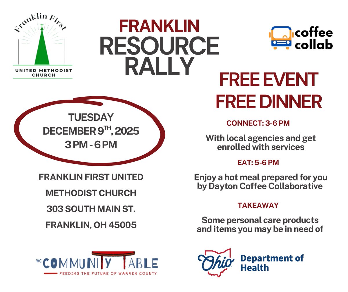 GCBHS's tweet image. #GCBHS will be at a resource rally for those seeking assistance in Franklin, OH. on Tuesday, 12/9 at the Franklin First United Methodist Church. A hot meal will be served and organizations will be on-site with information. #LIFEchanging @FranklinFirstU1