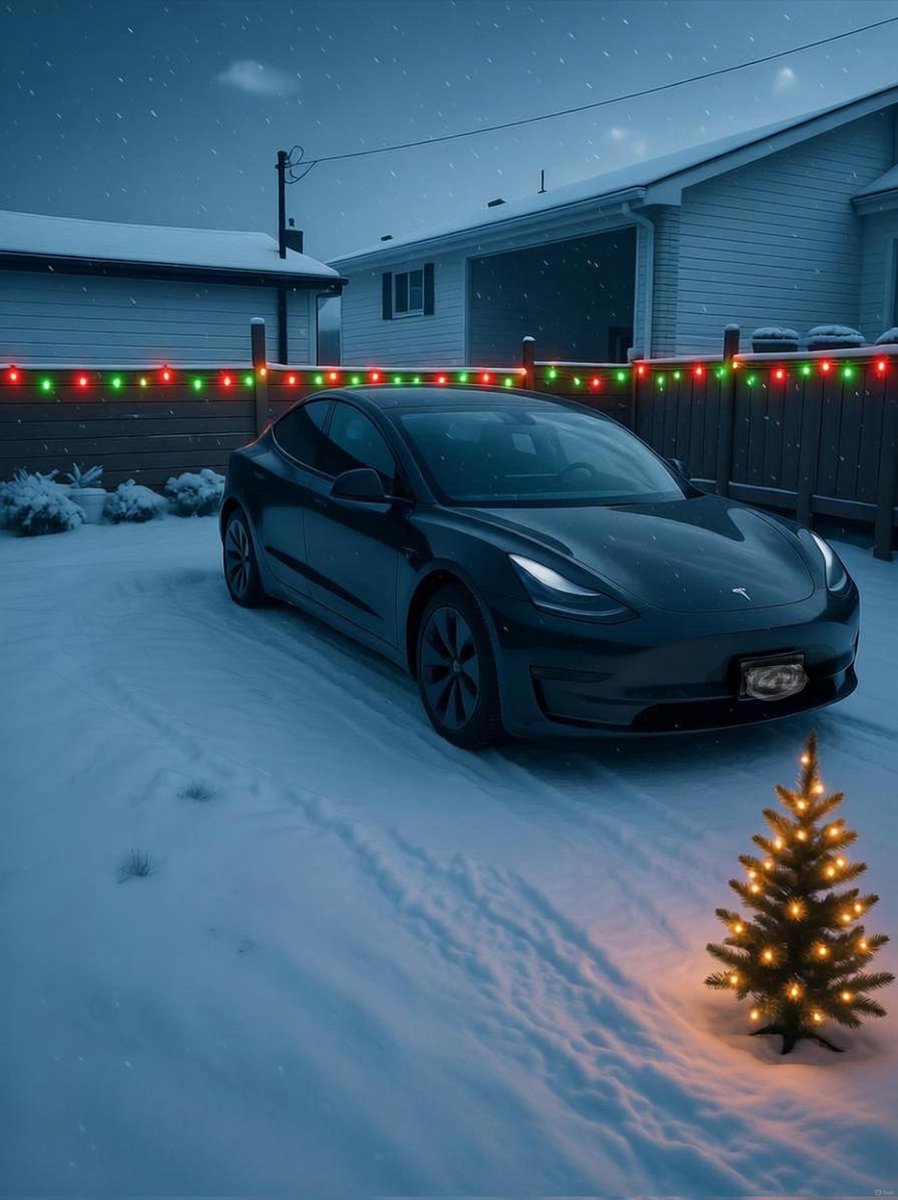 Ron61769's tweet photo. Stela of the North FSD ⚡❄️
2025 Holiday Update vibes in Northern Ontario

v14.2.1 + snow-covered driveway + Christmas lights = perfection

Zero touches all winter. Santa Mode next week? 🦌🎄
@Tesla @Tesla_AI @DriveTeslaca.

#TeslaHolidayUpdate #FSDv142
https://t.co/TUNnbux9hQ https://t.co/DRV8UtwMCZ