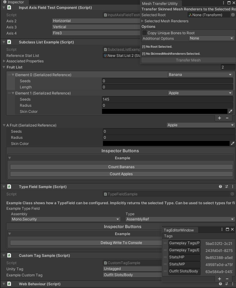 I prefer to make my own tools instead of relying on packages, so here is some I've made while prototyping.

Includes a mesh transfer utility, an inspector button attribute, custom tag implementations, polymorph lists, input axis dropdowns and a cursed Type selection field.